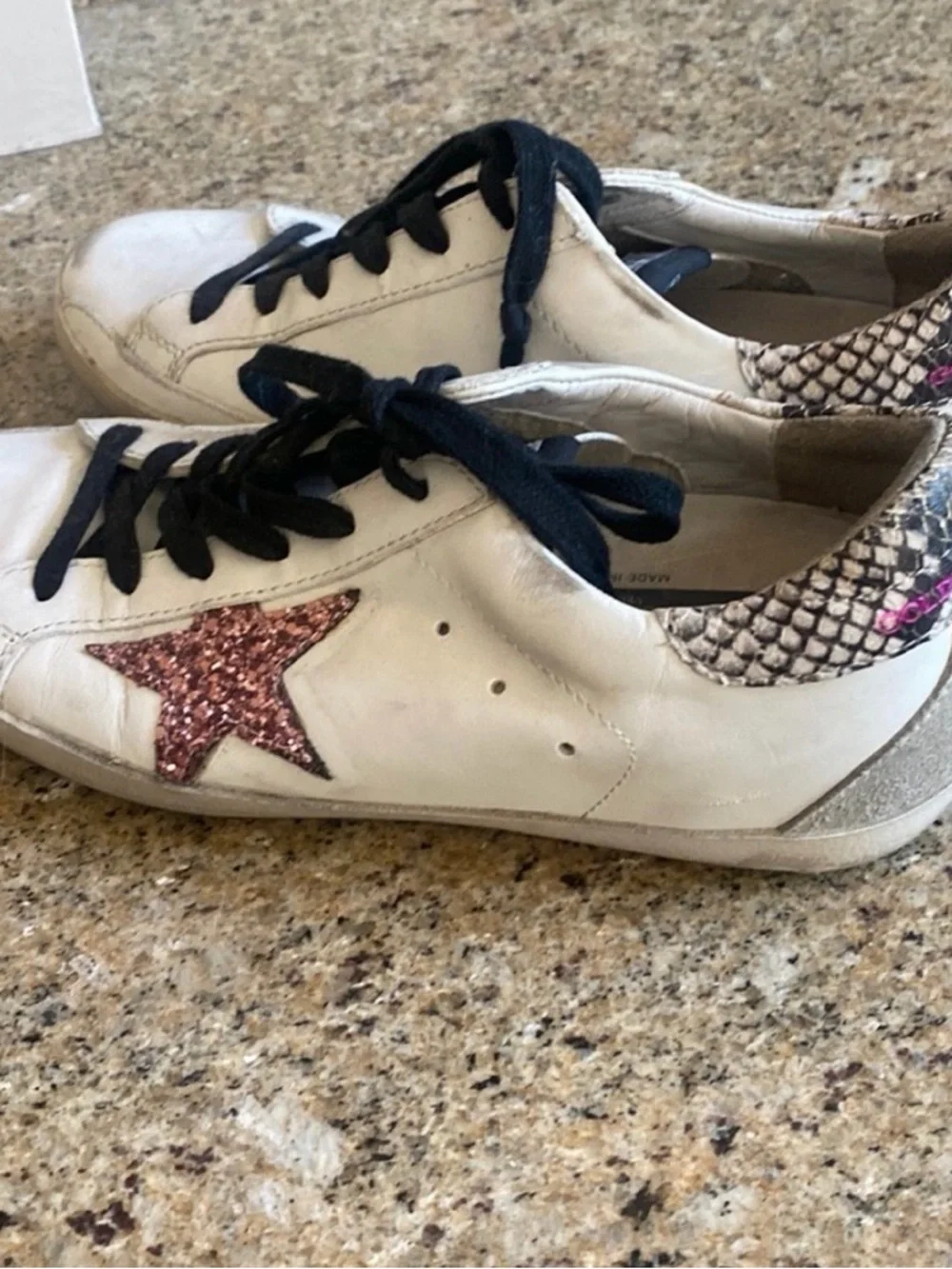 Golden Goose White Sneakers with Pink Glitter Star and Snake-Print Heel - Picture 1 of 5